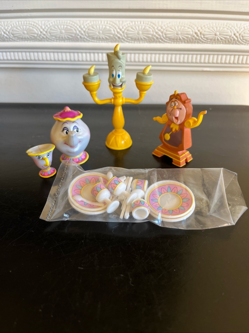 Vintage 90s New Beauty And The Beast (4) 1”-3” characters/1” plates,utensils,cup